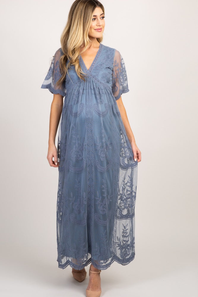 Blauwe kanten mesh overlay Maxi-Jurk