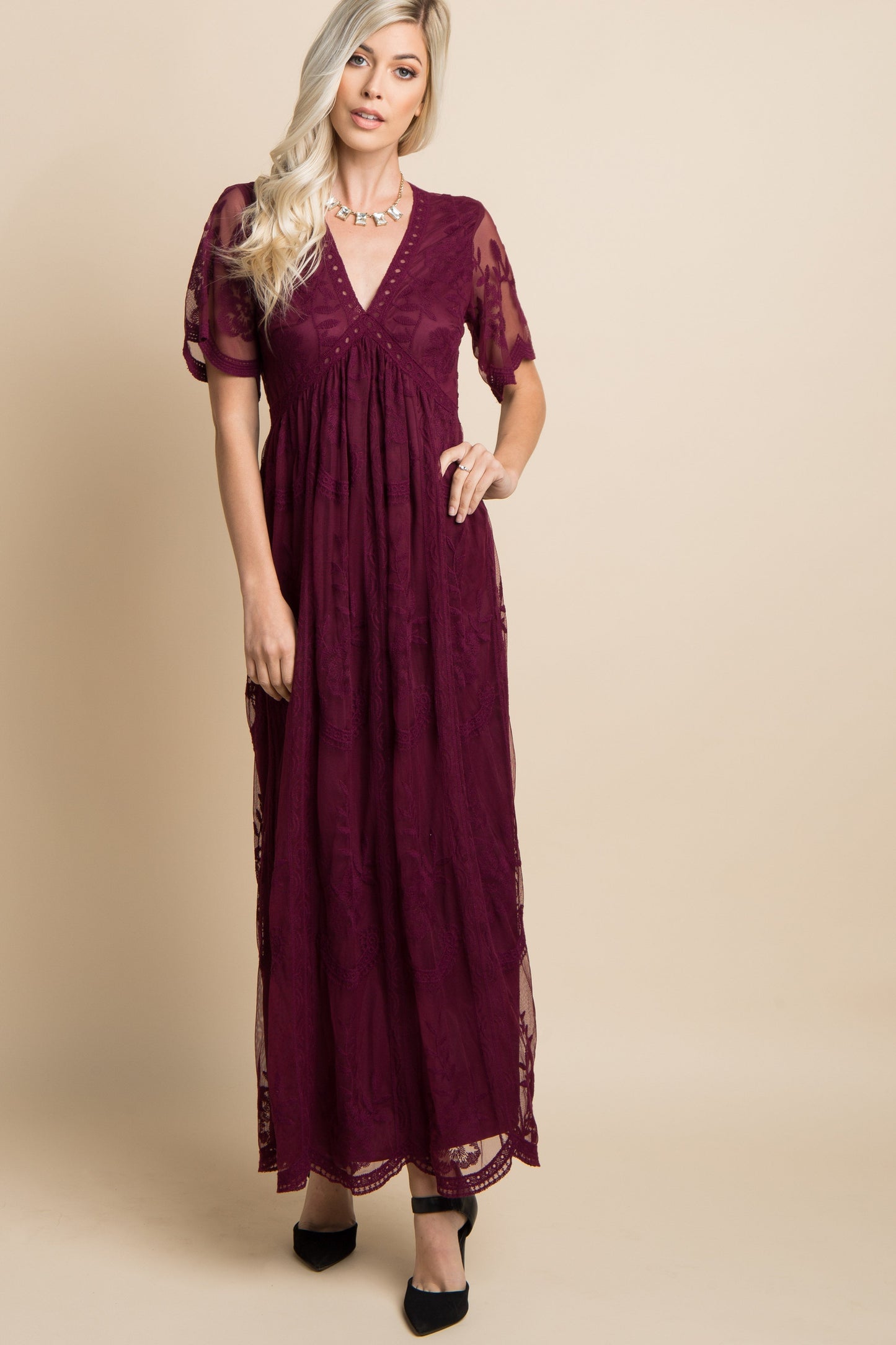 Burgundy kanten mesh overlay Maxi-Jurk