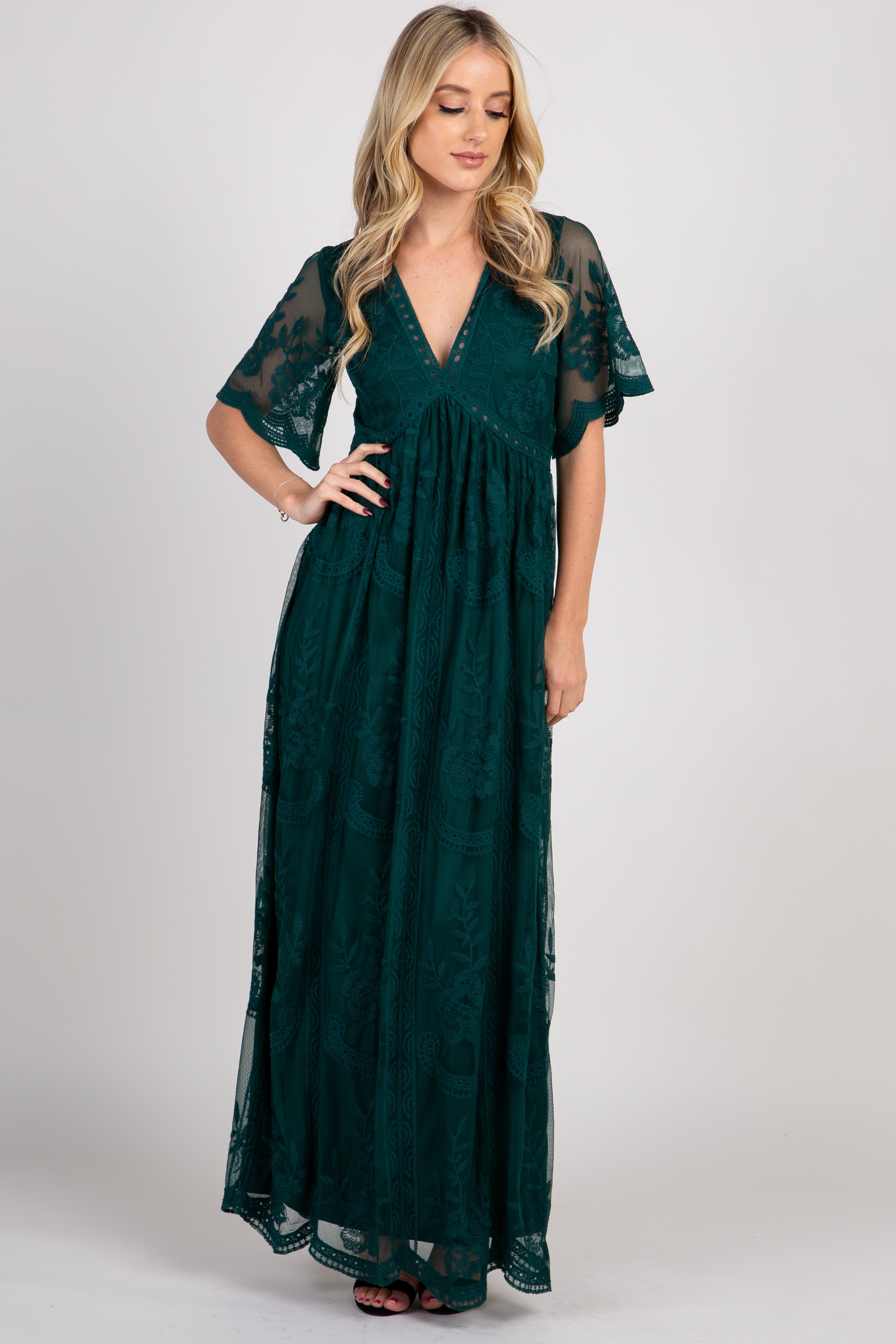 Groen kanten mesh overlay Maxi-Jurk