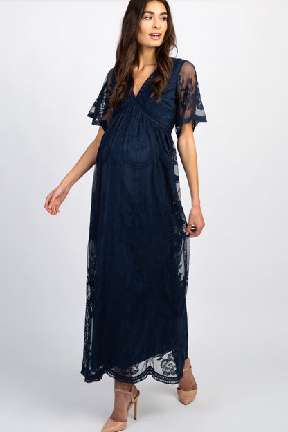 Donker blauw kanten mesh overlay Maxi-Jurk