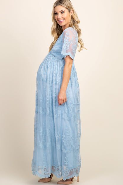 Licht blauw kanten mesh overlay Maxi-Jurk